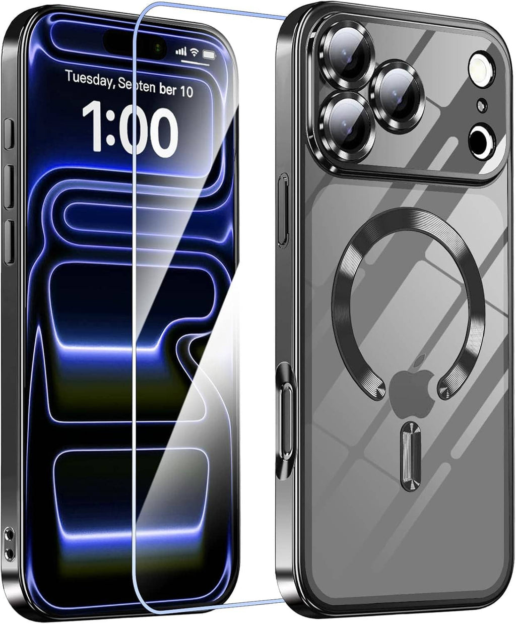 iPhone case with magnetic ring holder, dark gray back and clear screen protector front