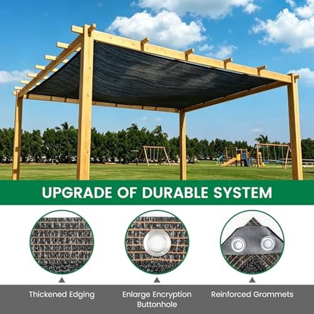 Black shade cloth canopy with reinforced edging and corner grommets for outdoor frame use
