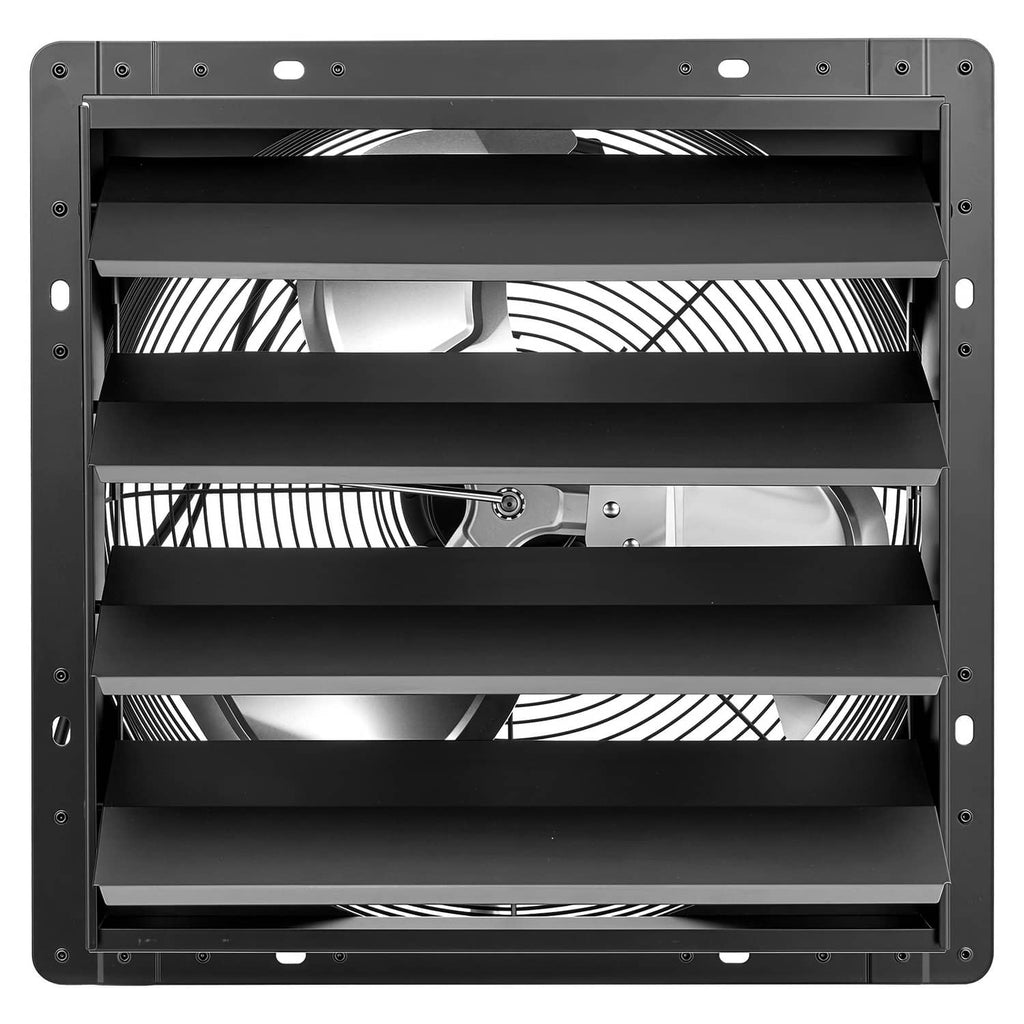 Wall-mounted exhaust fan grille with automatic louvers, dark metal housing