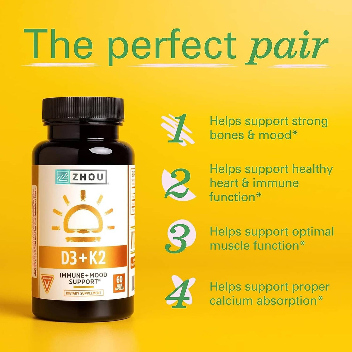 Zhou D3 + K2 bottle with “The perfect pair” and four benefit callouts