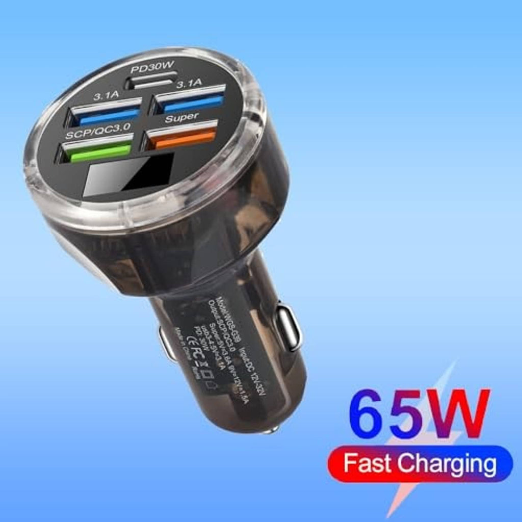 Black car USB-C charger adapter with clear top and multi-port USB outlets