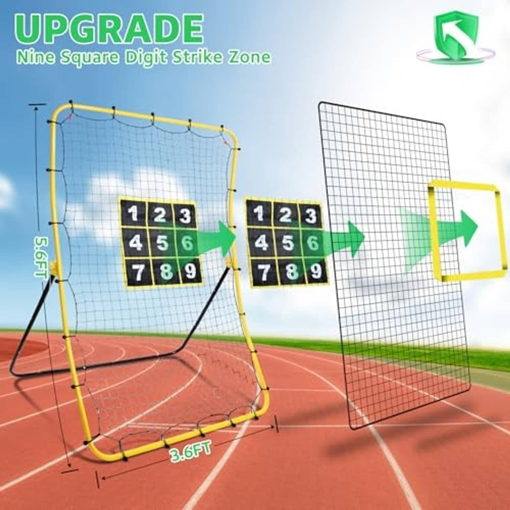 Baseball rebounder net with yellow frame and two 1–9 target boards with arrows