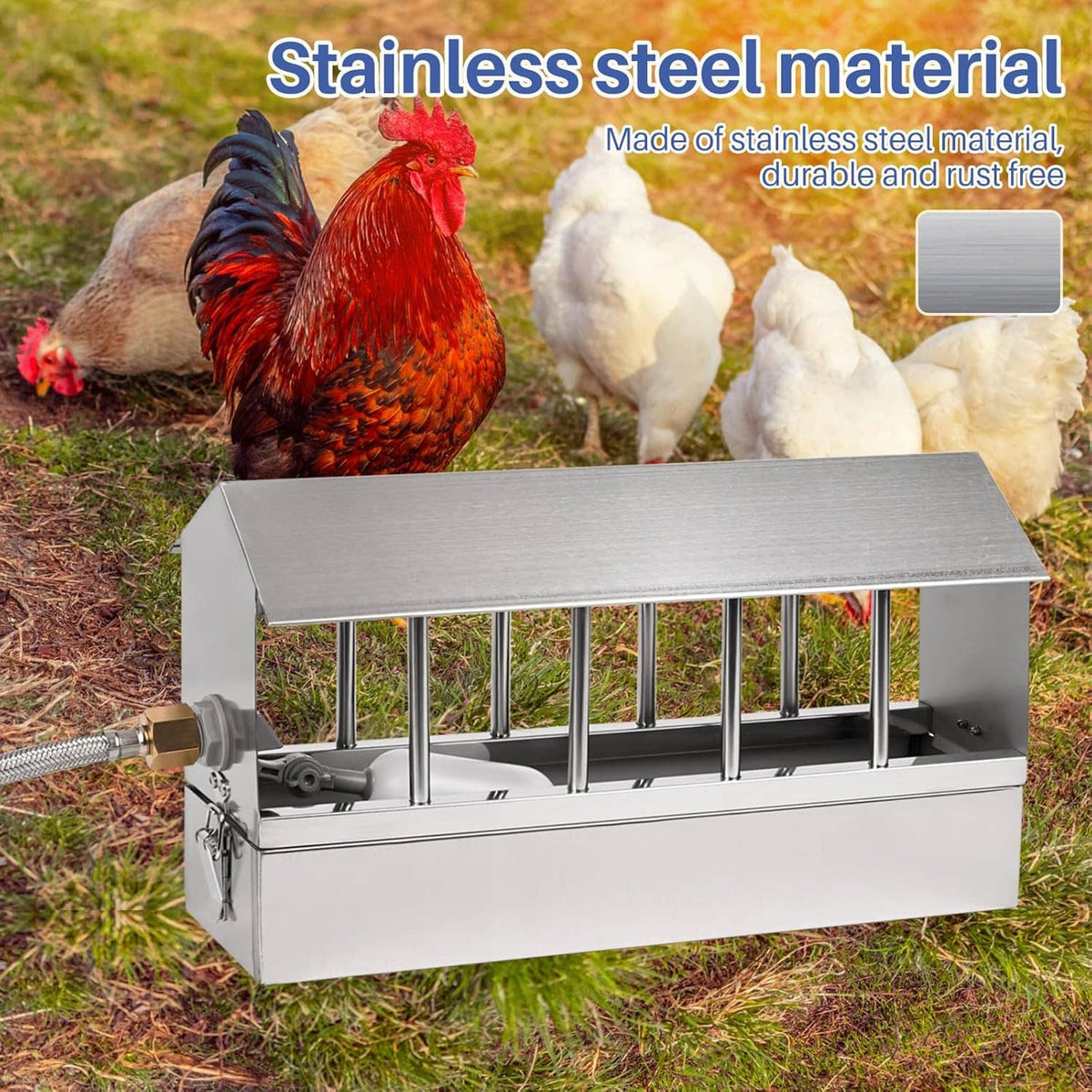 Stainless steel automatic chicken waterer with roof panel and metal drinking bars