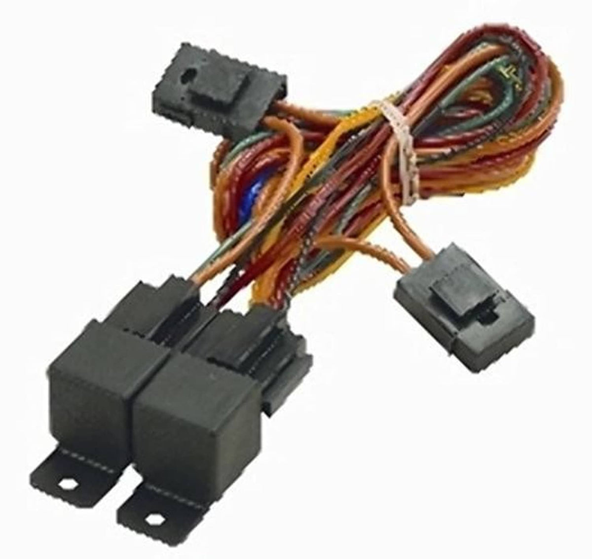 Dual relay wire harness with black connectors and multi-colored wire bundle