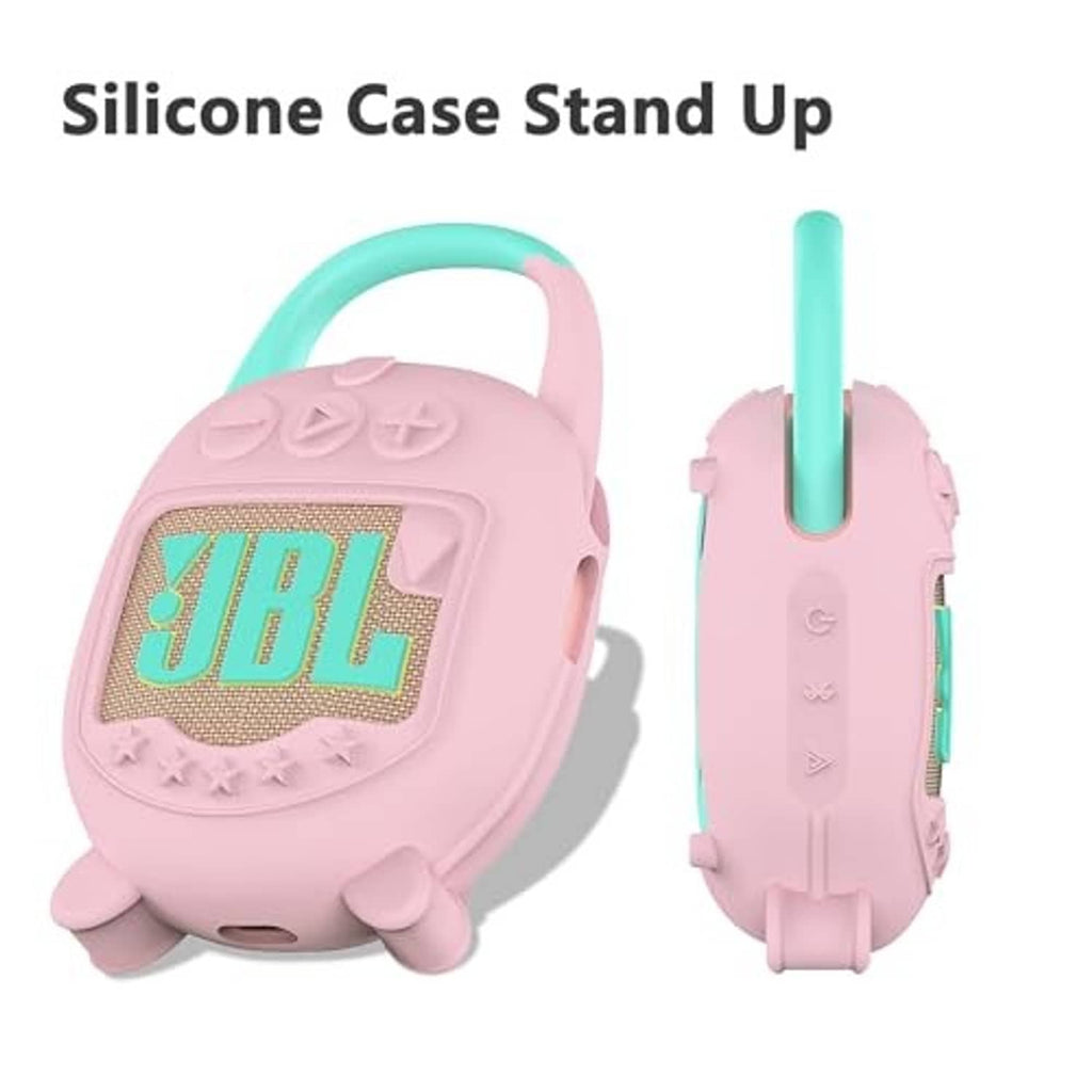 Pink silicone case stand-up design with mint handle, side view