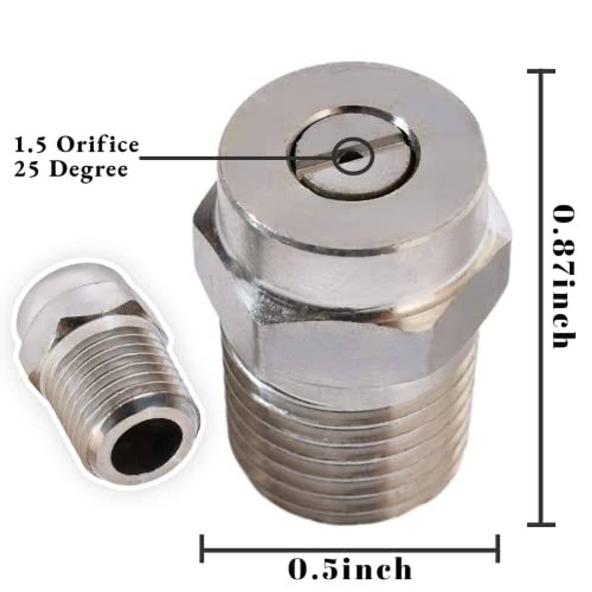 Single universal pressure washer threaded spray nozzle tip, silver metal with circular inlet