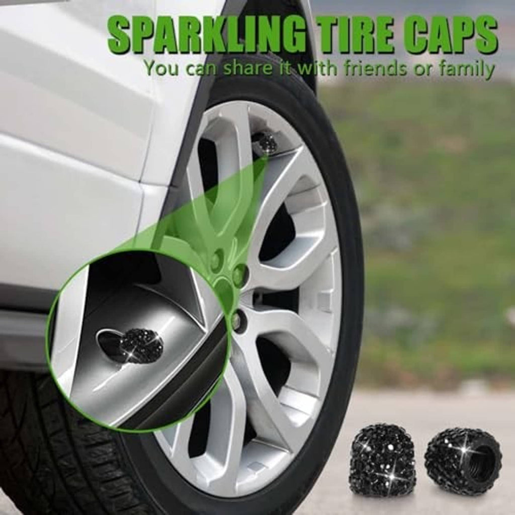 Black rhinestone tire valve caps on silver wheel spokes, glittering faceted crystal design