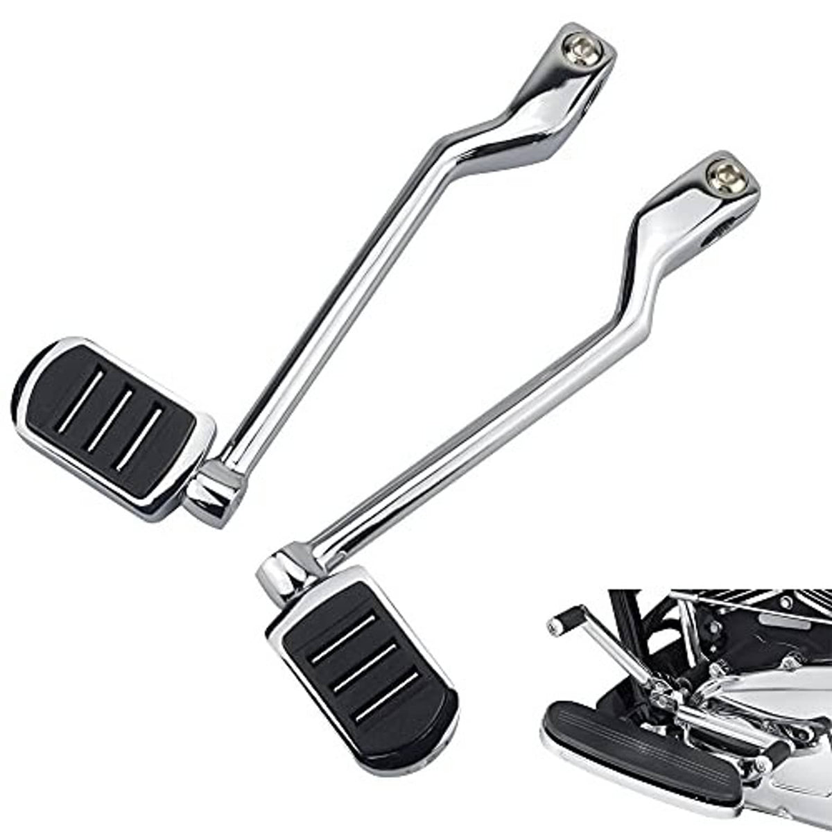 Pair of chrome heel-toe shift levers with black rubber foot pads