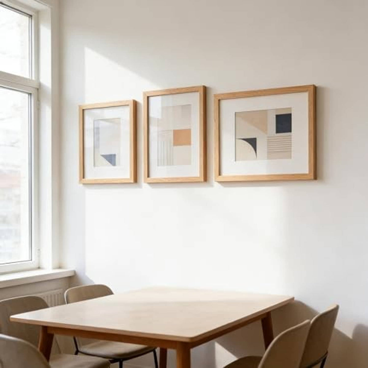 Three 5x7 oak picture frames with glass, mounted on a wall in a room