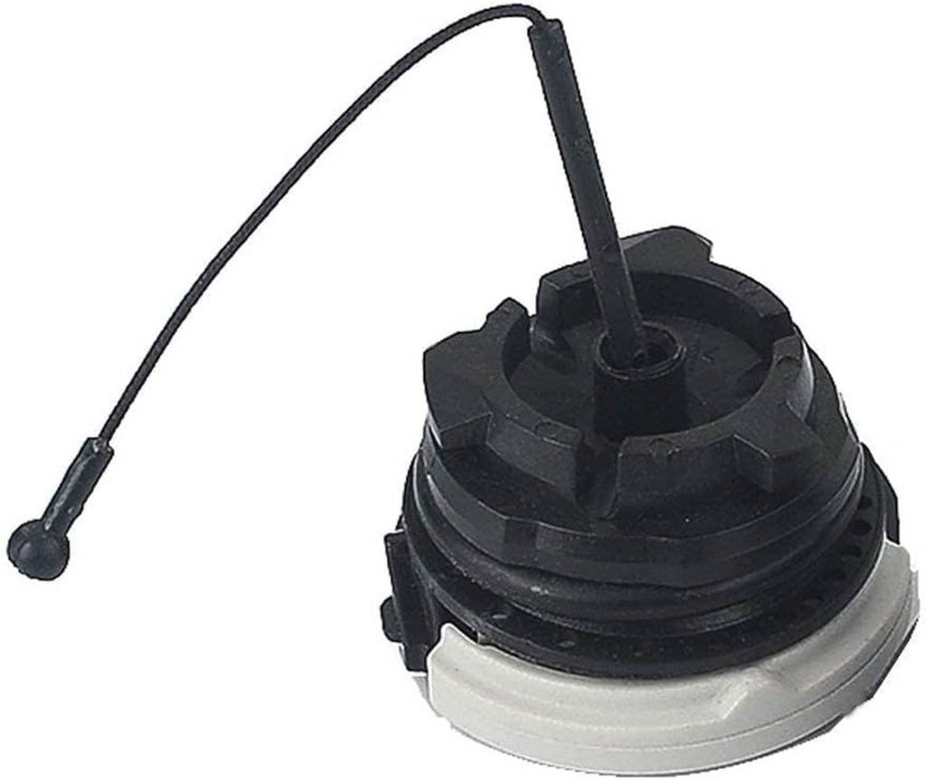 Chainsaw fuel cap with black circular base, white rim, and pull cord loop