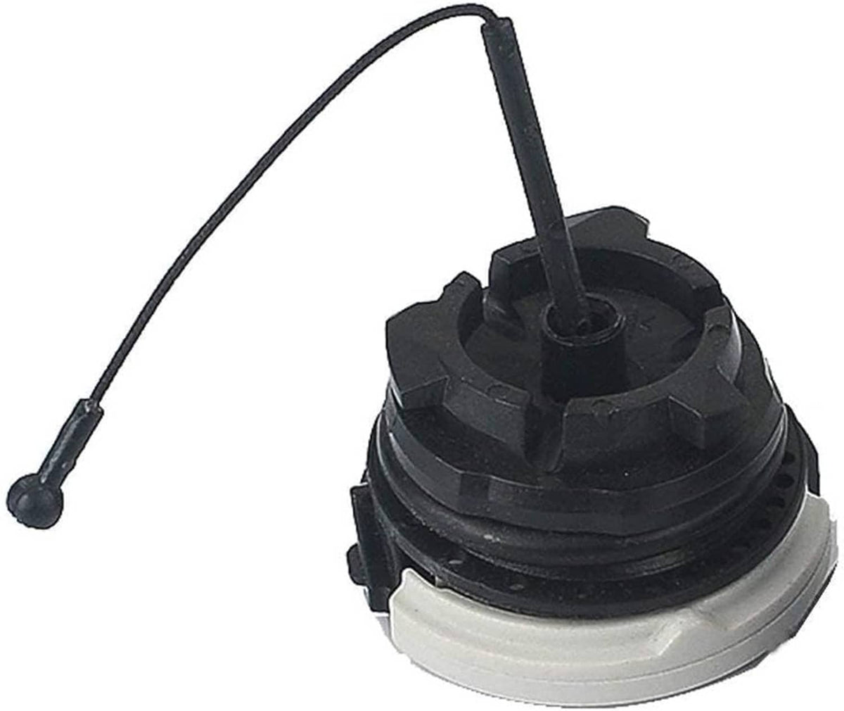 Chainsaw fuel cap with black circular base, white rim, and pull cord loop