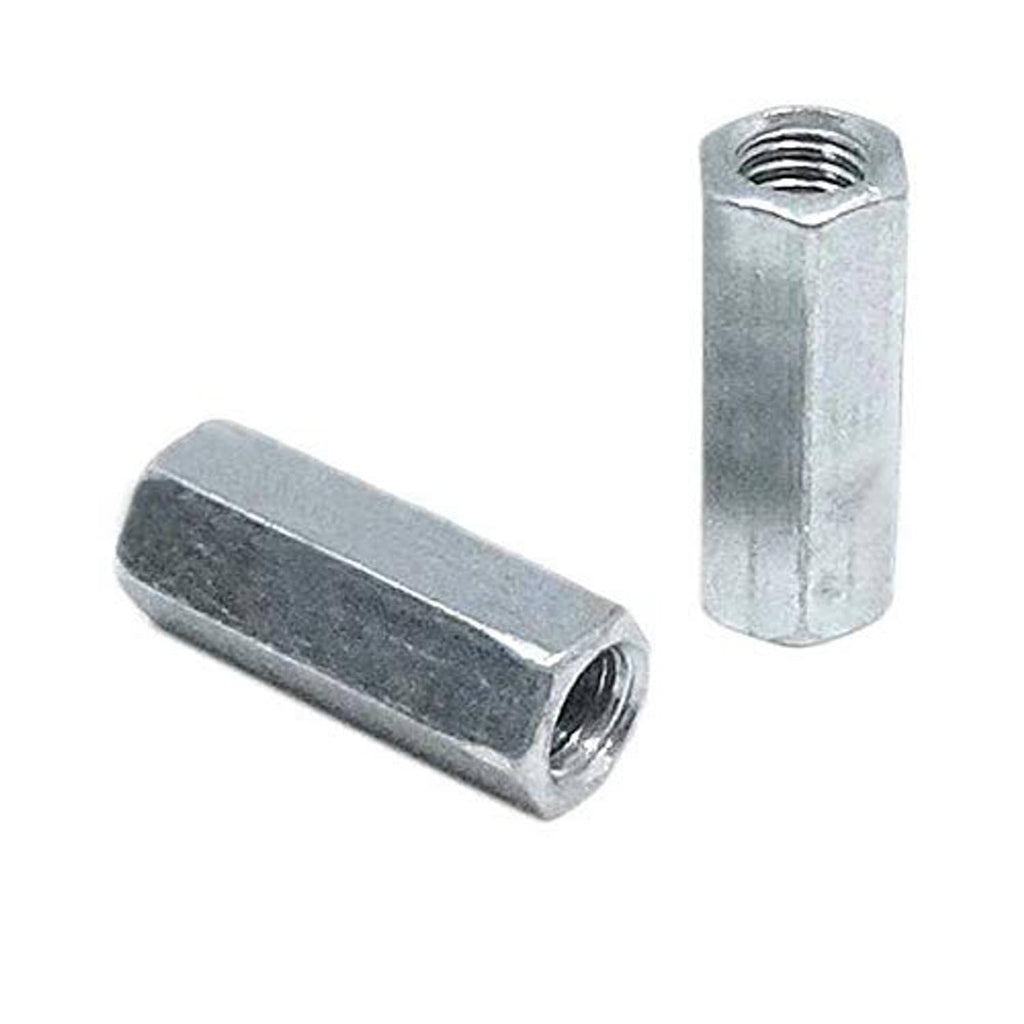 Zinc-plated M6 rod coupling hex nut connector, one piece shown upright and one side