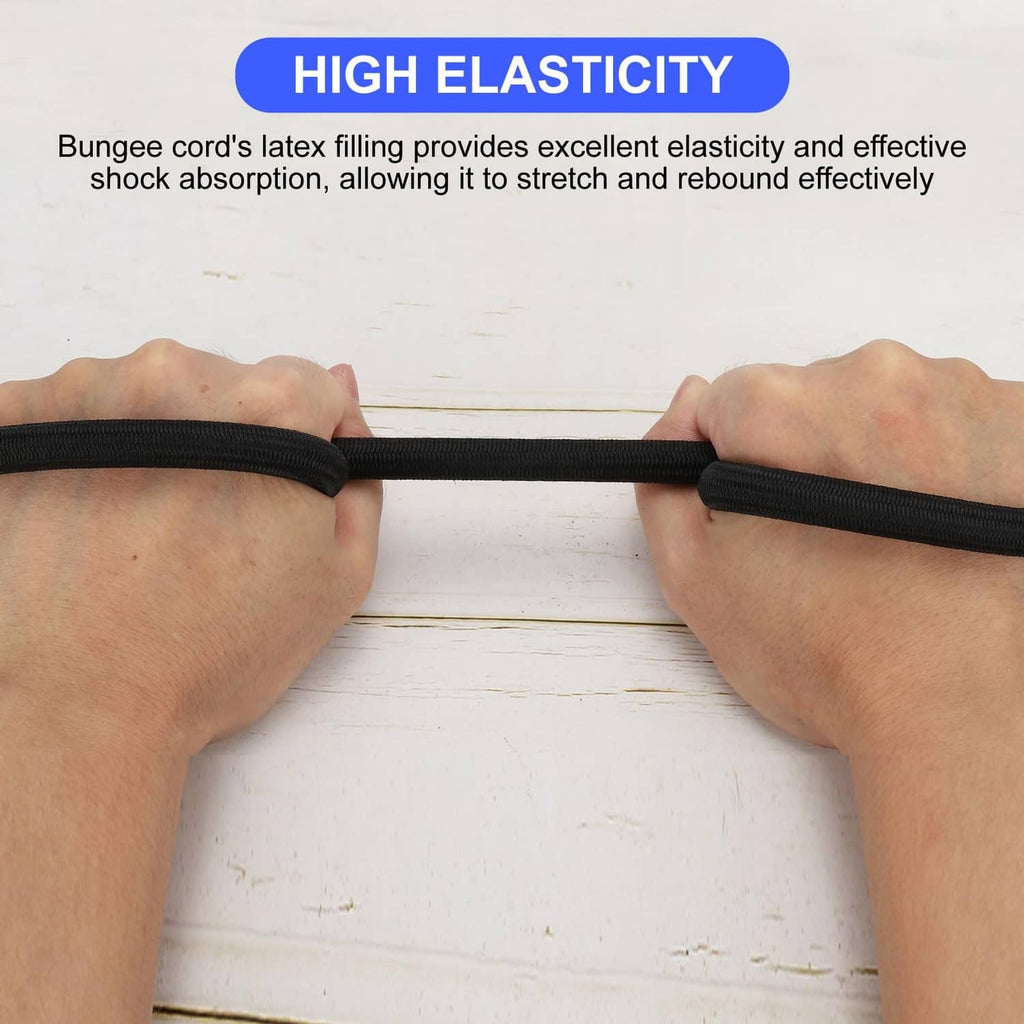 Black bungee shock cord stretched between hands, showing elastic stretch