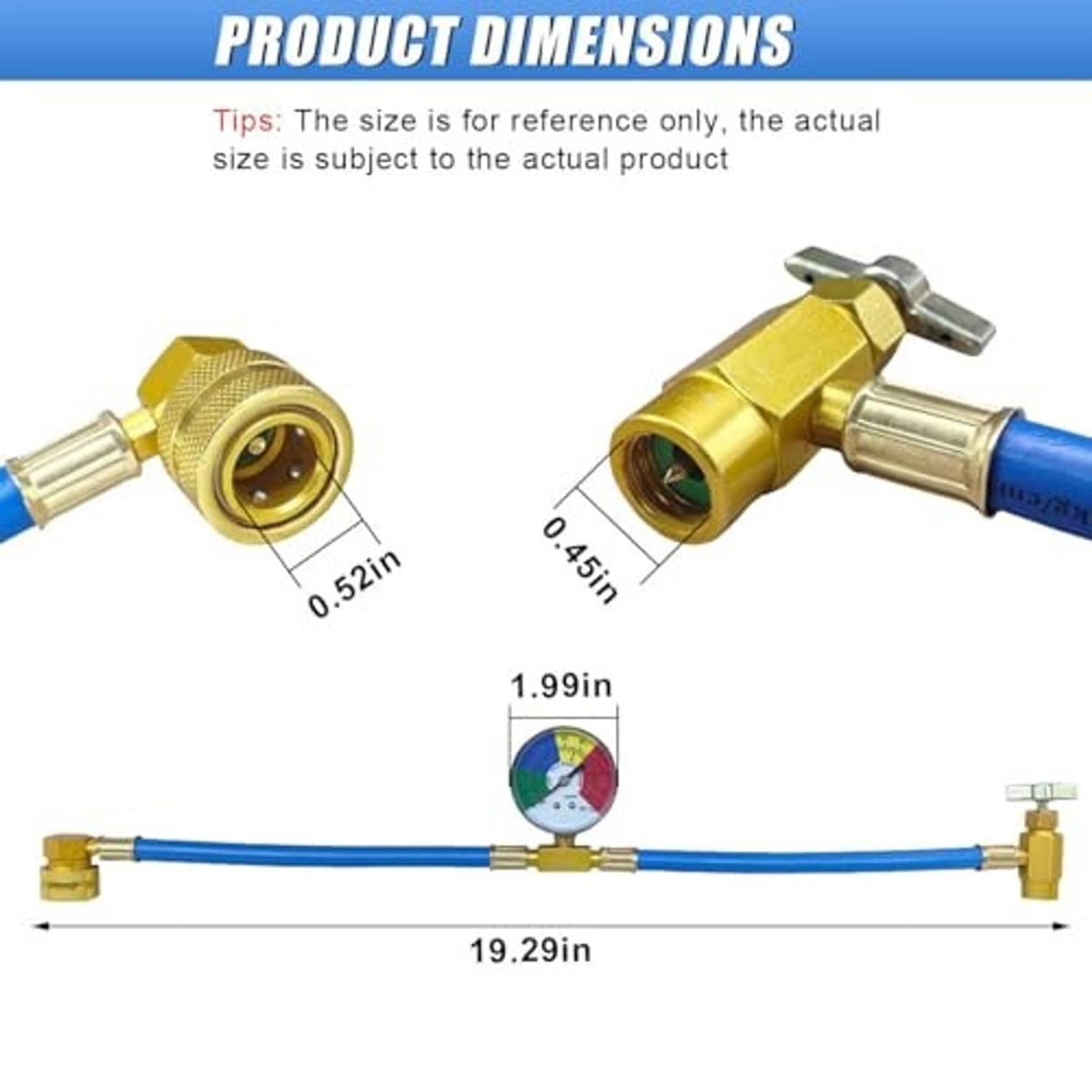Car AC refrigerant hose kit with pressure gauge and quick couplers, with size diagram