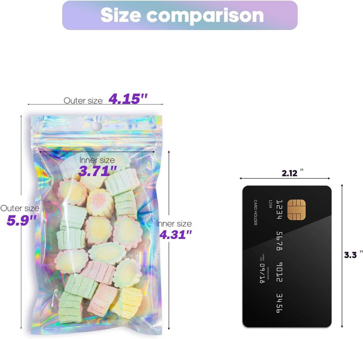 Holographic resealable foil pouch bag with size comparison view