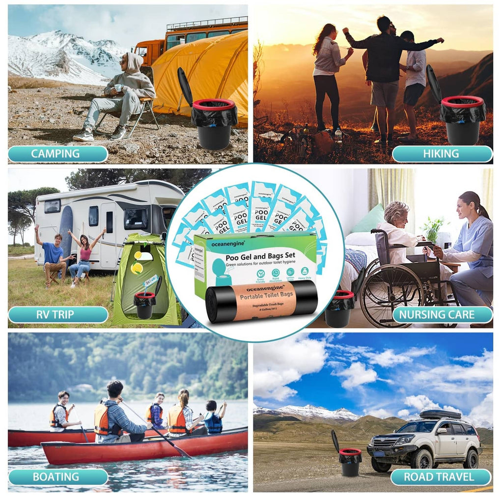 Portable toilet gel and bag set shown across outdoor activities with bucket pail