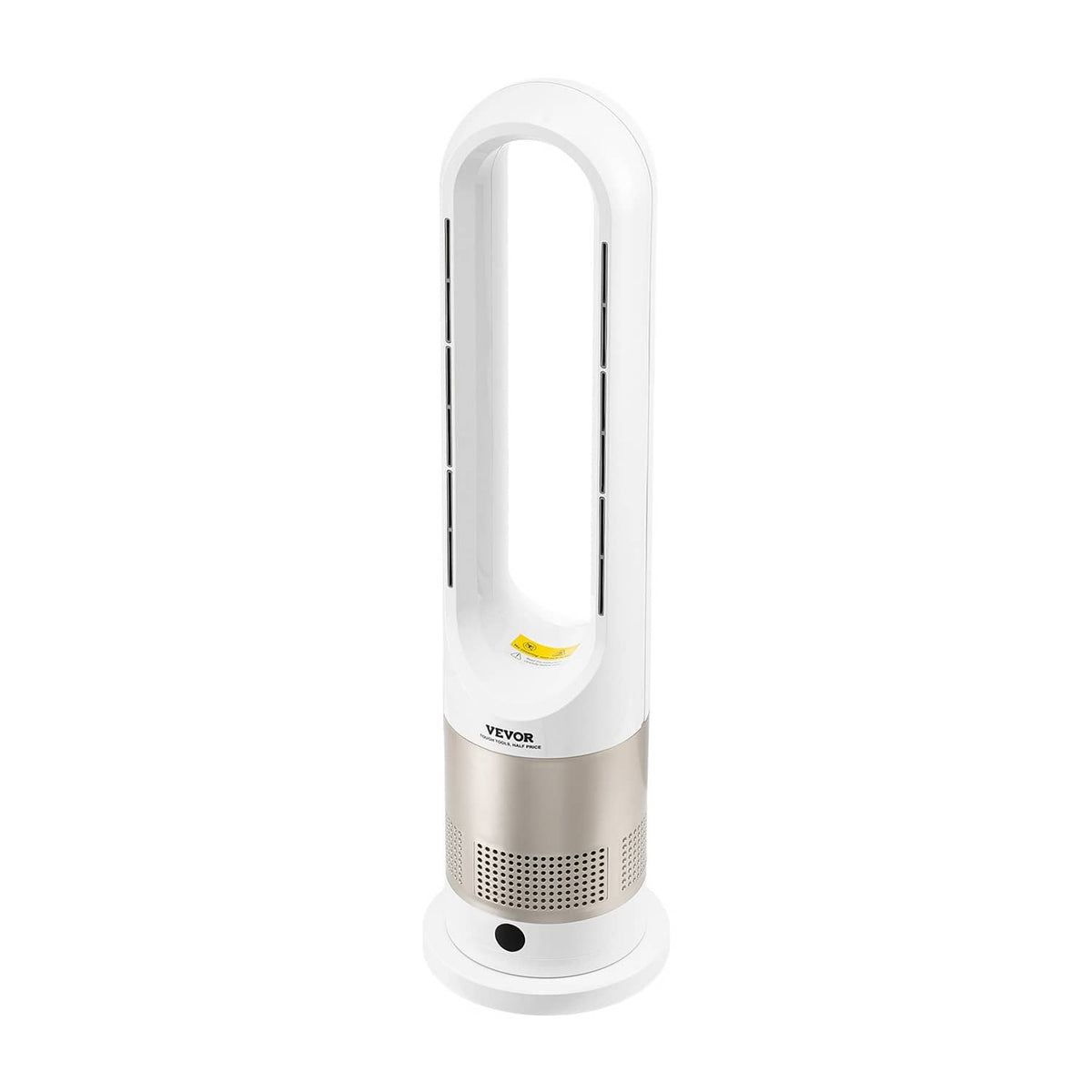 White bladeless tower fan with central air outlet and front grille
