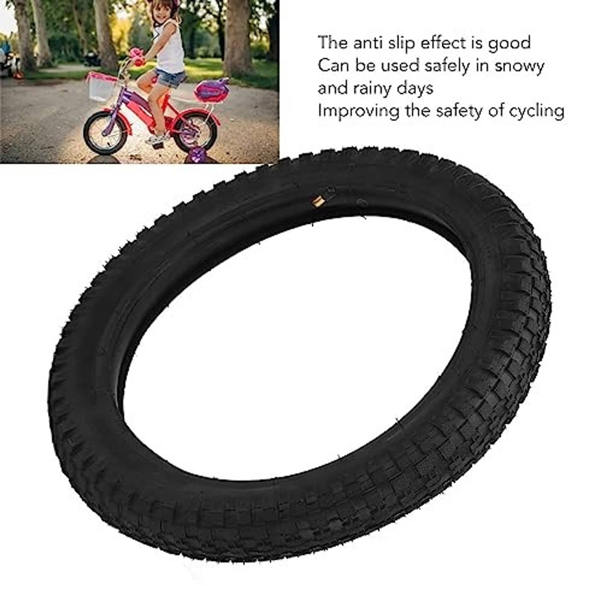 Black 16x2.4 dirt bike tire with anti-slip knobby tread and valve stem visible