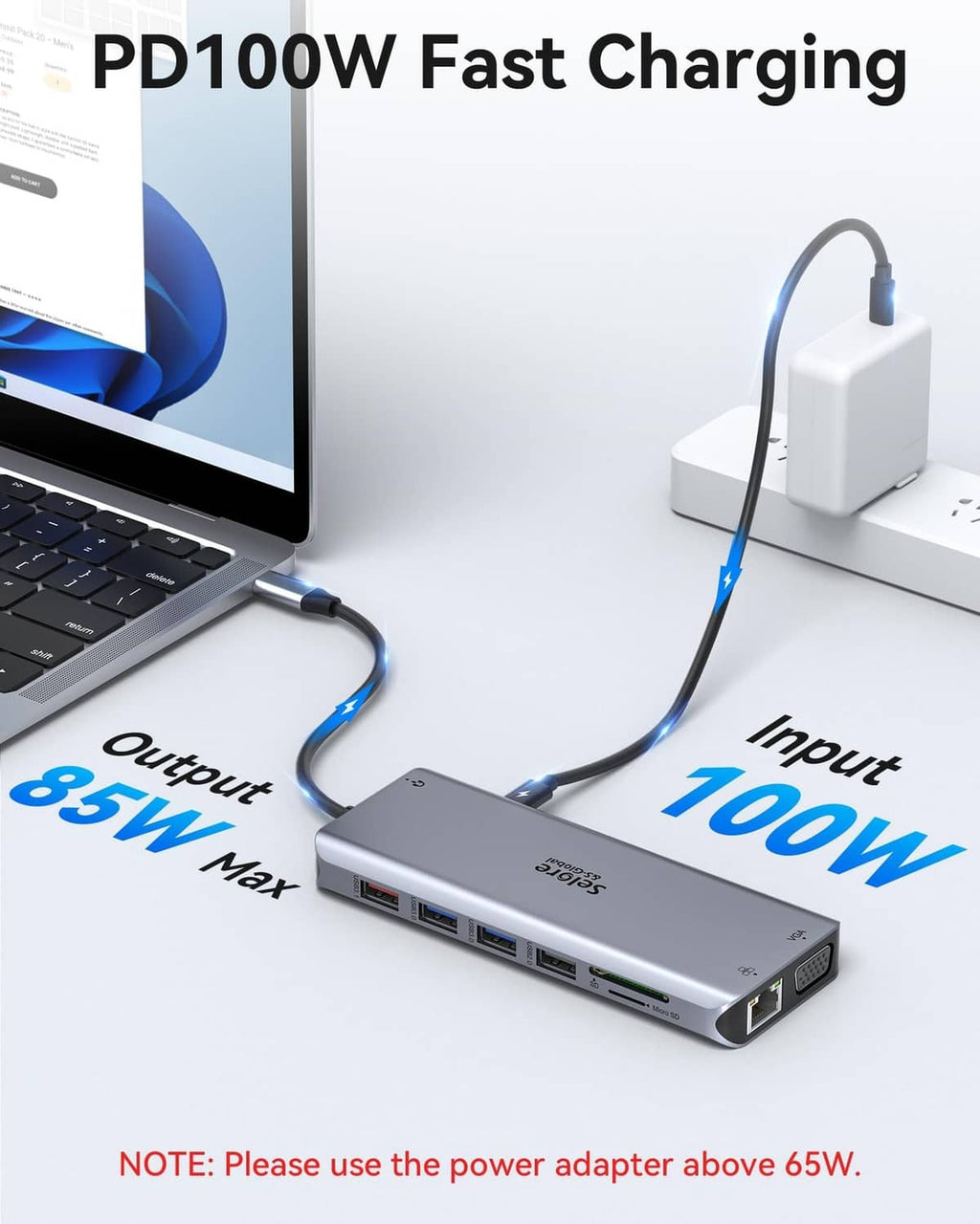 Grey USB-C docking station with PD100W fast charging and multiple USB ports