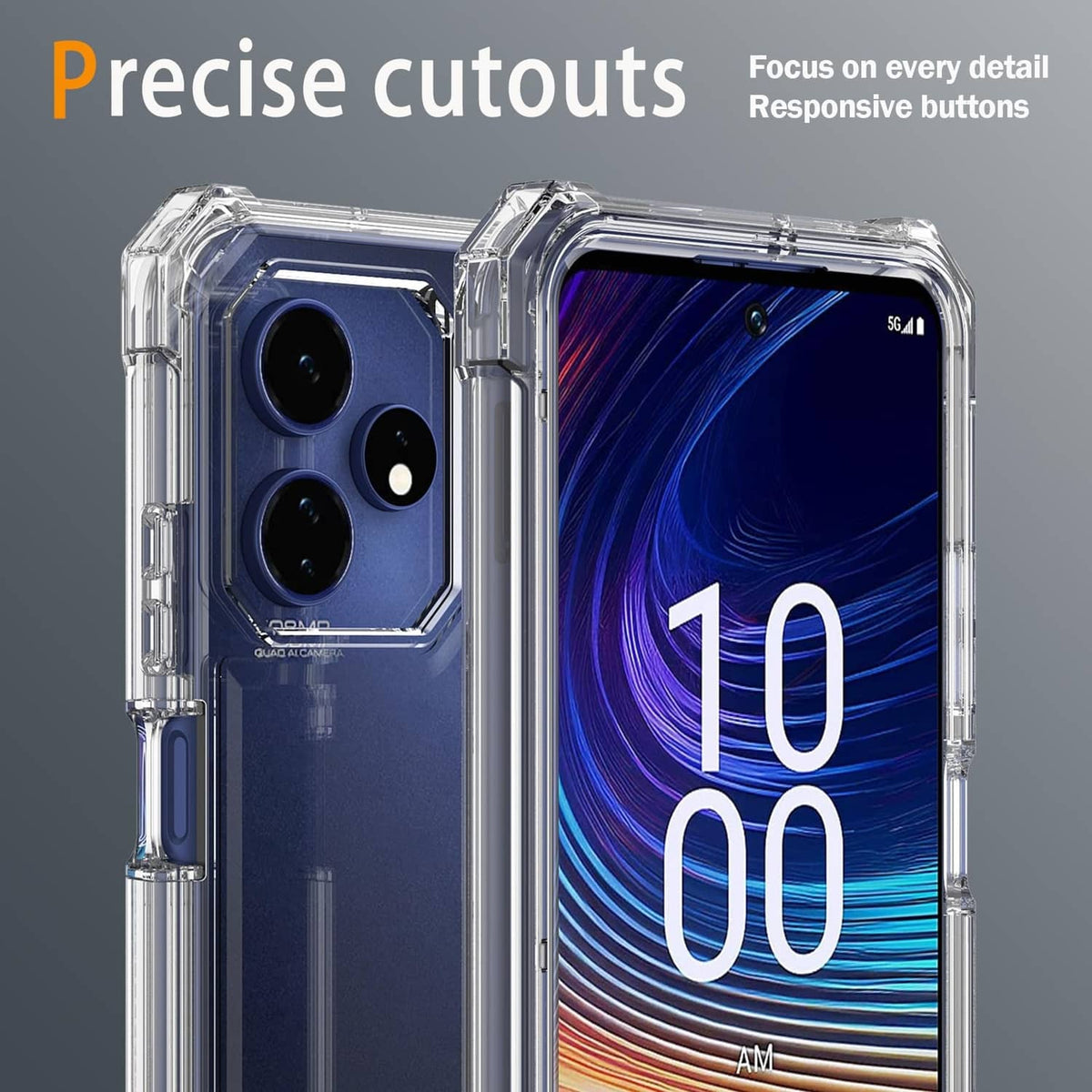 Clear phone case with precise camera and button cutouts, raised screen and lens lips