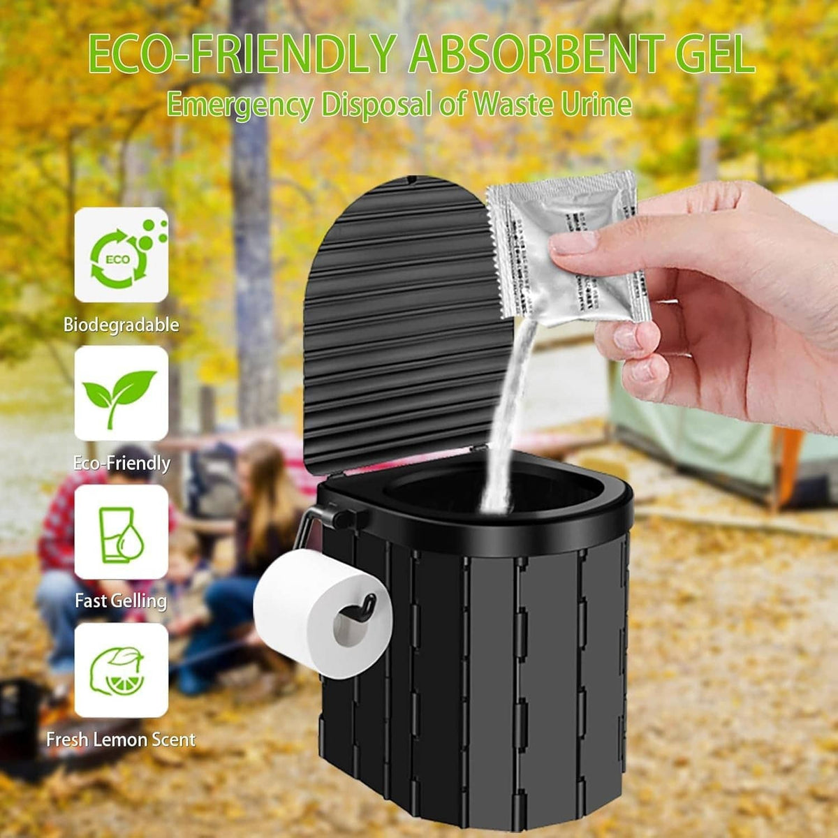 Black portable camping toilet with open top and pouring absorbent gel