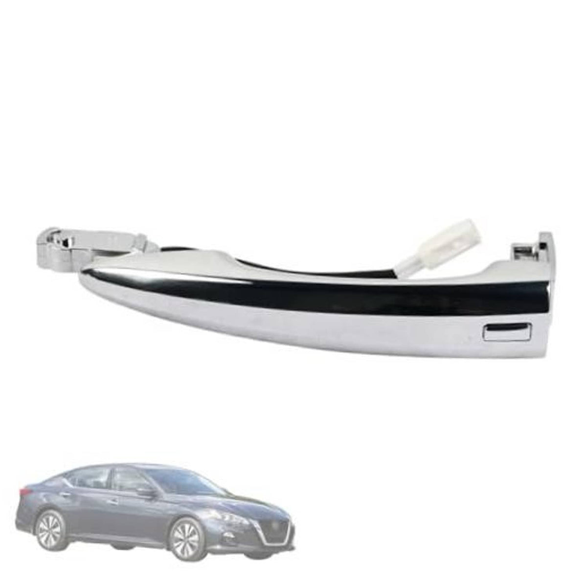 Front exterior chrome door handle, passenger side, with black grip insert