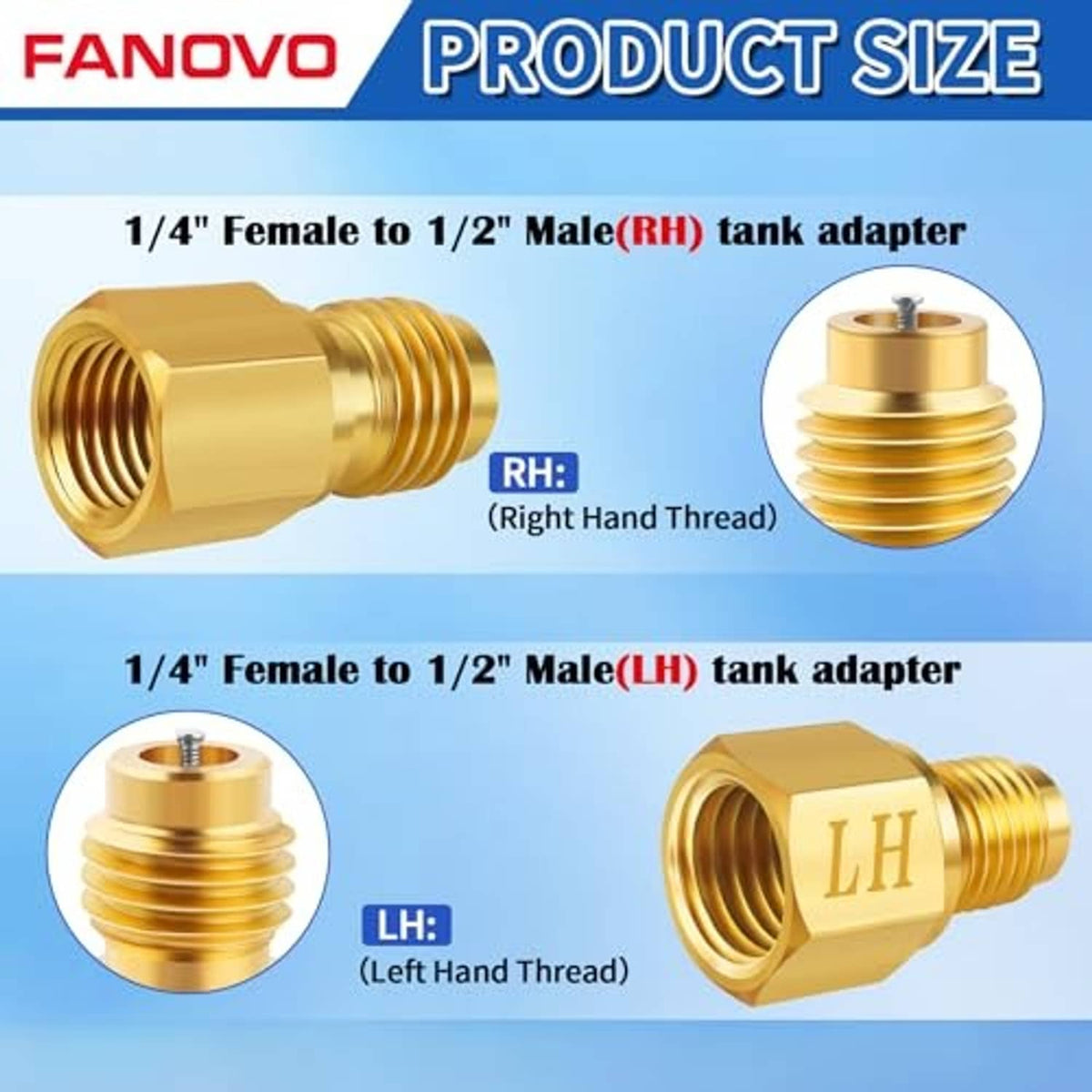 Brass tank adapters with male and female threaded ends for 1/4 to 1/2