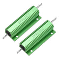 Pair of green aluminum case wirewound resistors with mounting holes and wire leads