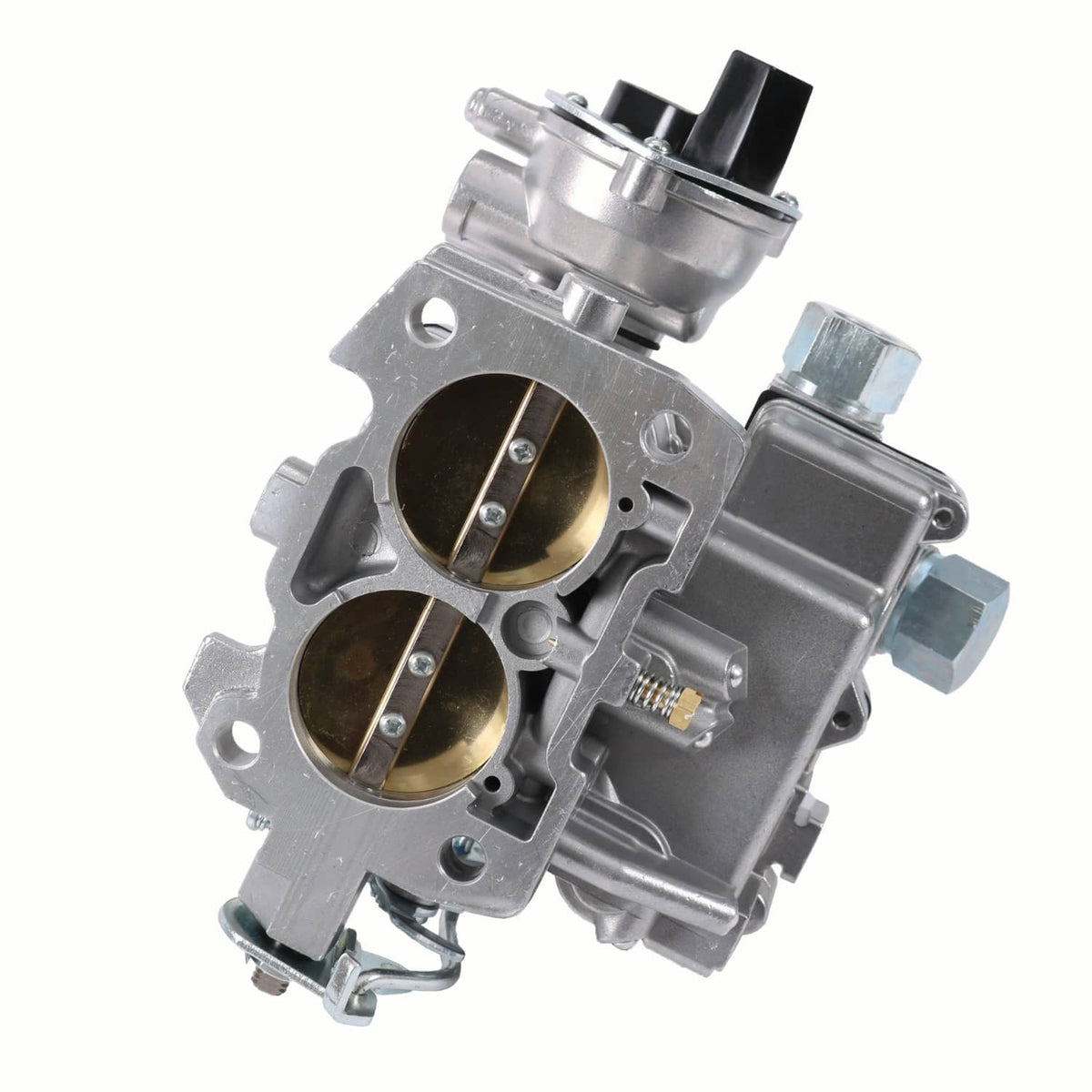 Marine carburetor with two throttle bores and mounting bracket, side view