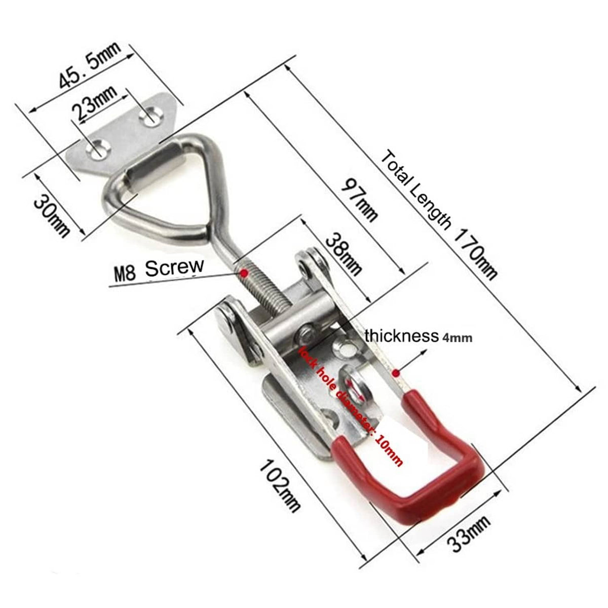 Adjustable toggle latch clamp with red handle, screw holes, and marked length