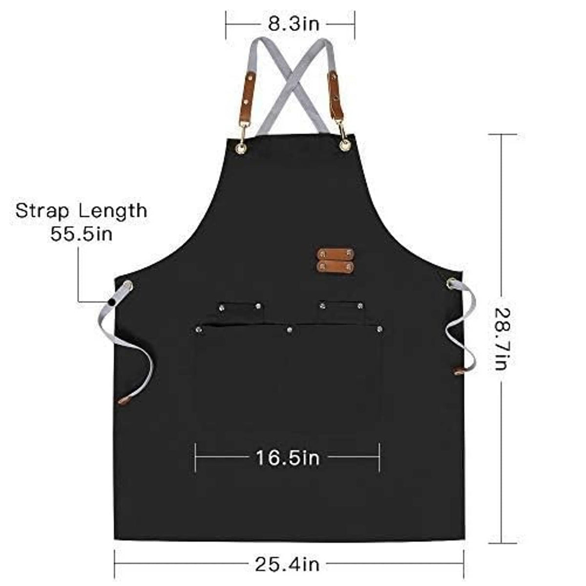 Black cross-back chef apron with front pocket and side tie loops, shown with measurements