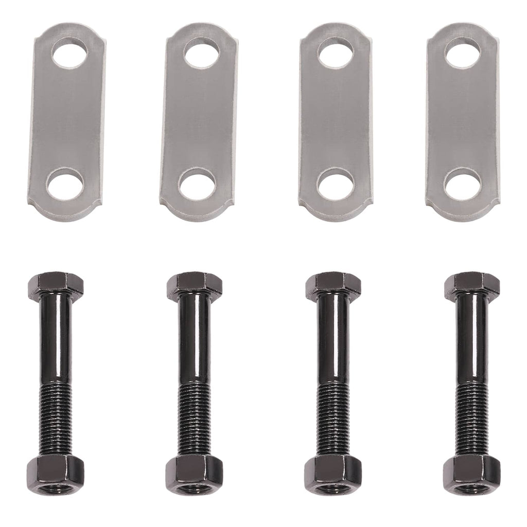 Trailer shackle kit strap plates with oval holes and matching hex-head bolts