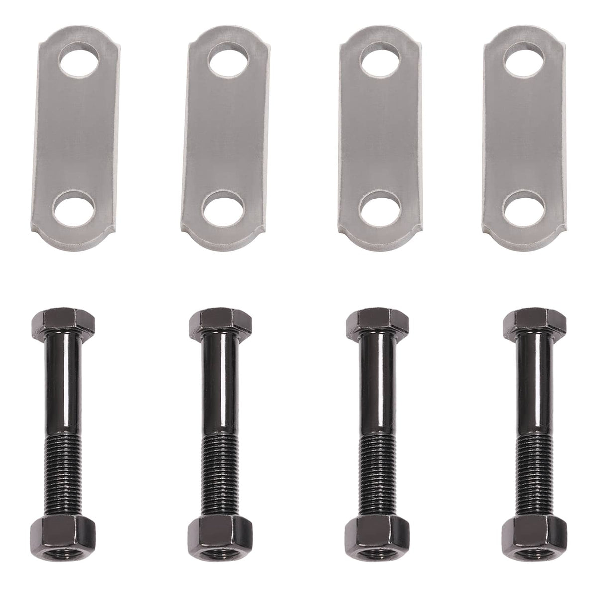 Trailer shackle kit strap plates with oval holes and matching hex-head bolts