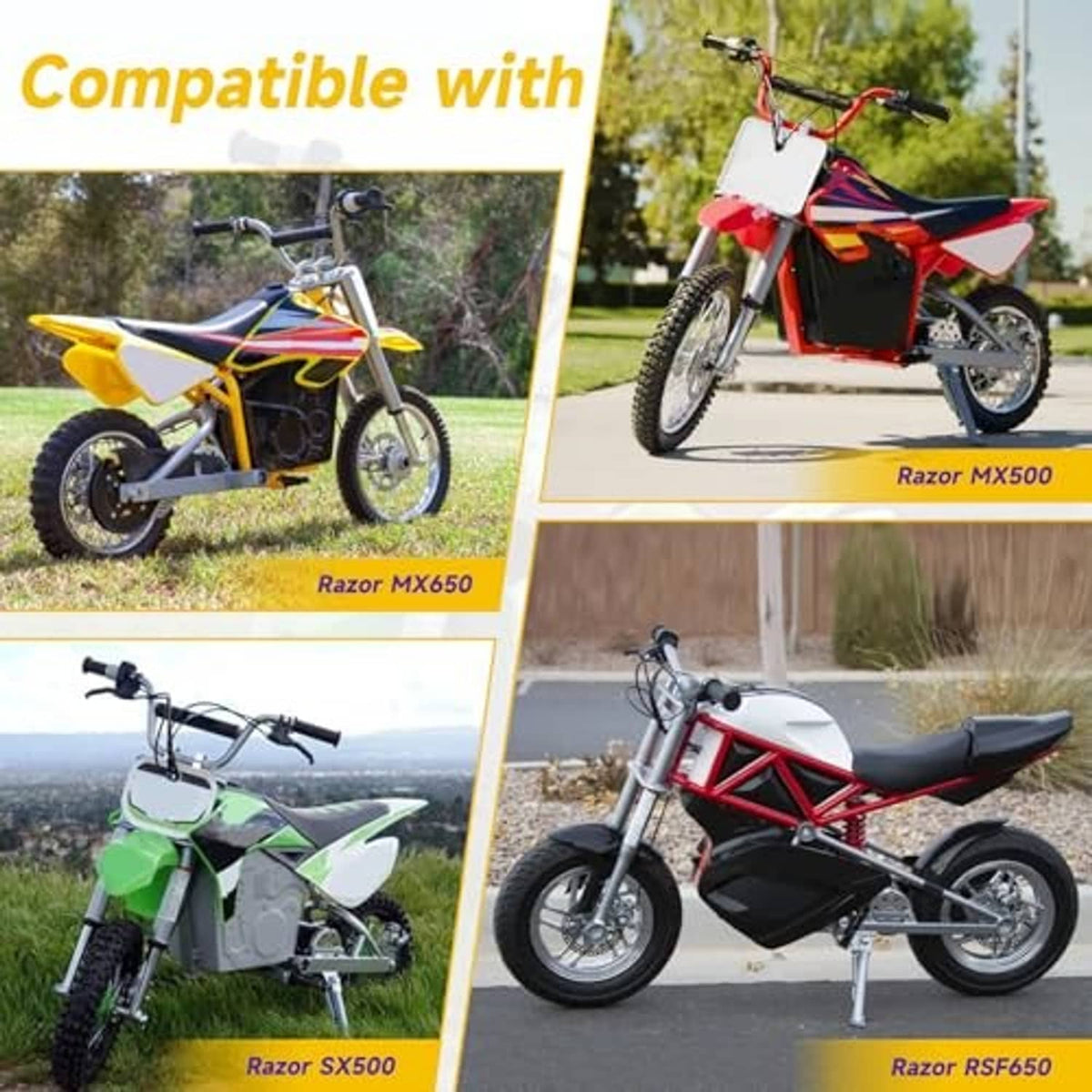Drive chain fitment on multiple electric dirt bikes, indicating compatibility