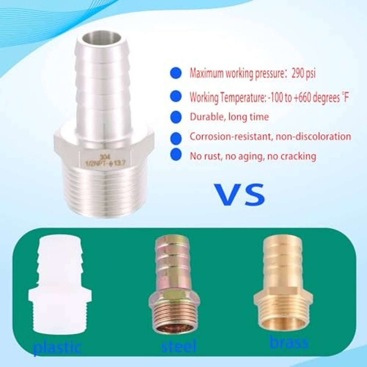 Stainless steel hose barb to male NPT fitting on comparison infographic, front view