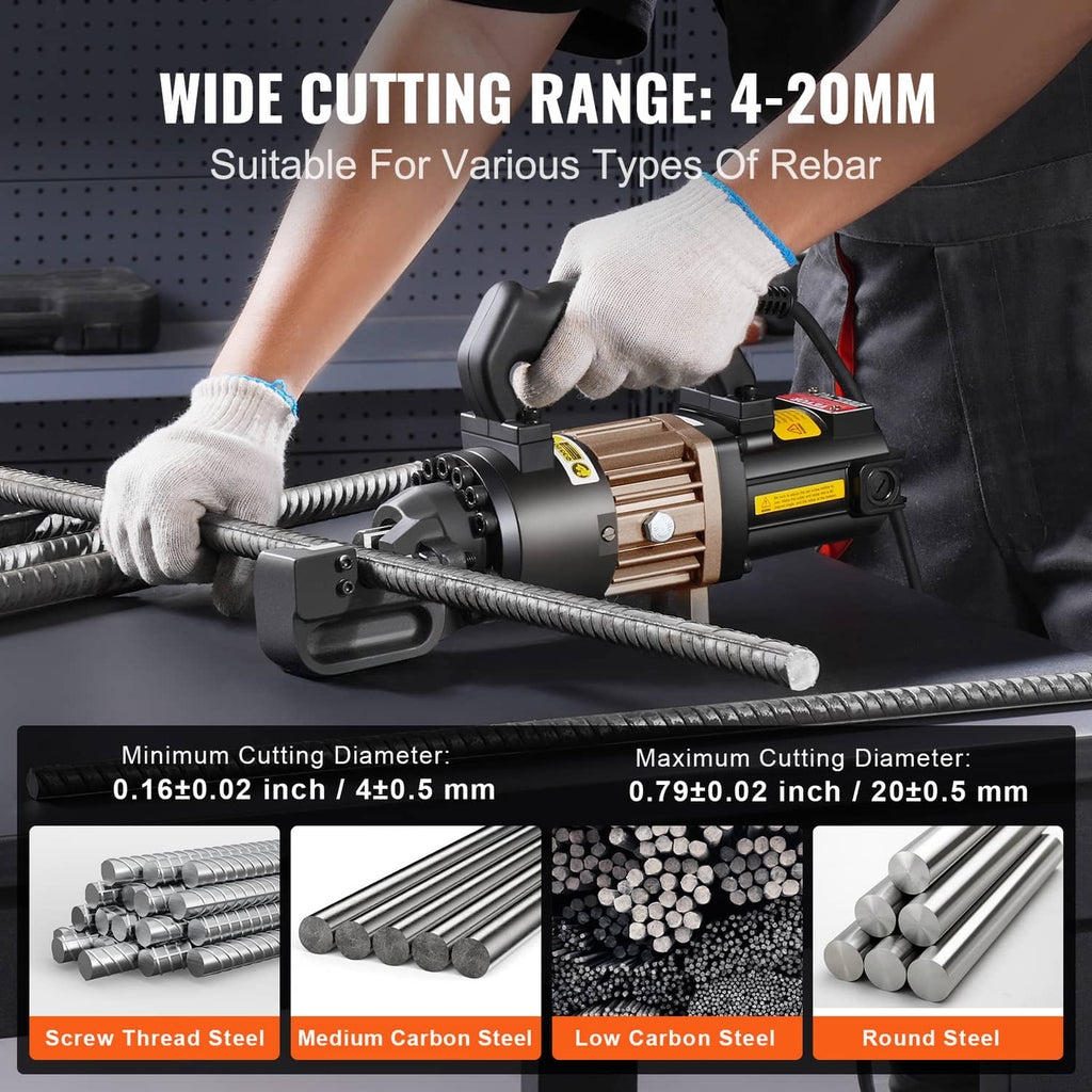 Hydraulic electric rebar cutter gripping steel rebar with gloved hands