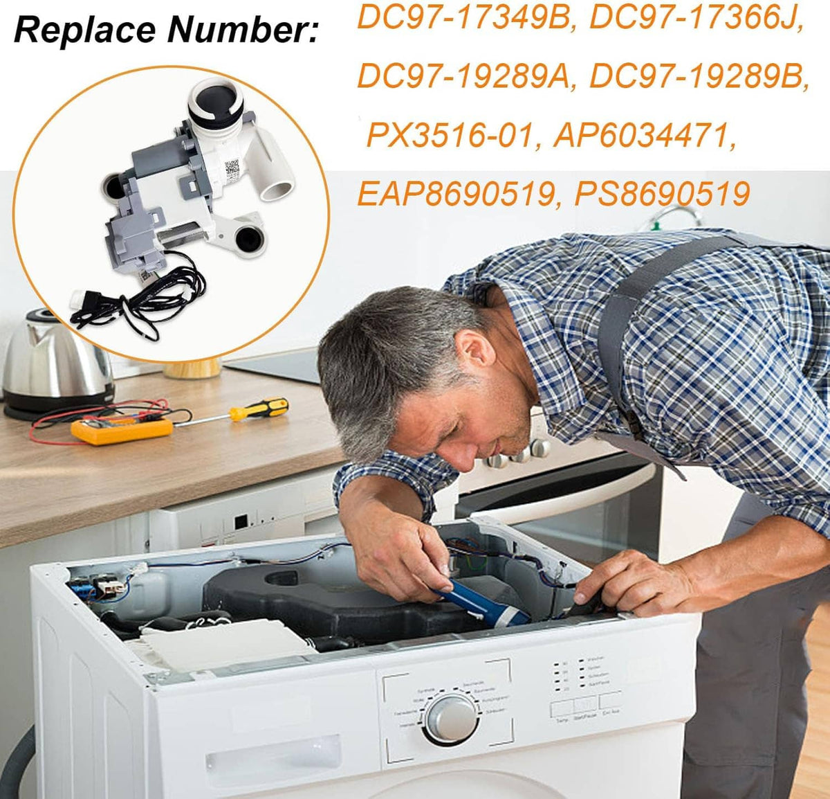 Washer drain pump assembly inset with replacement part numbers