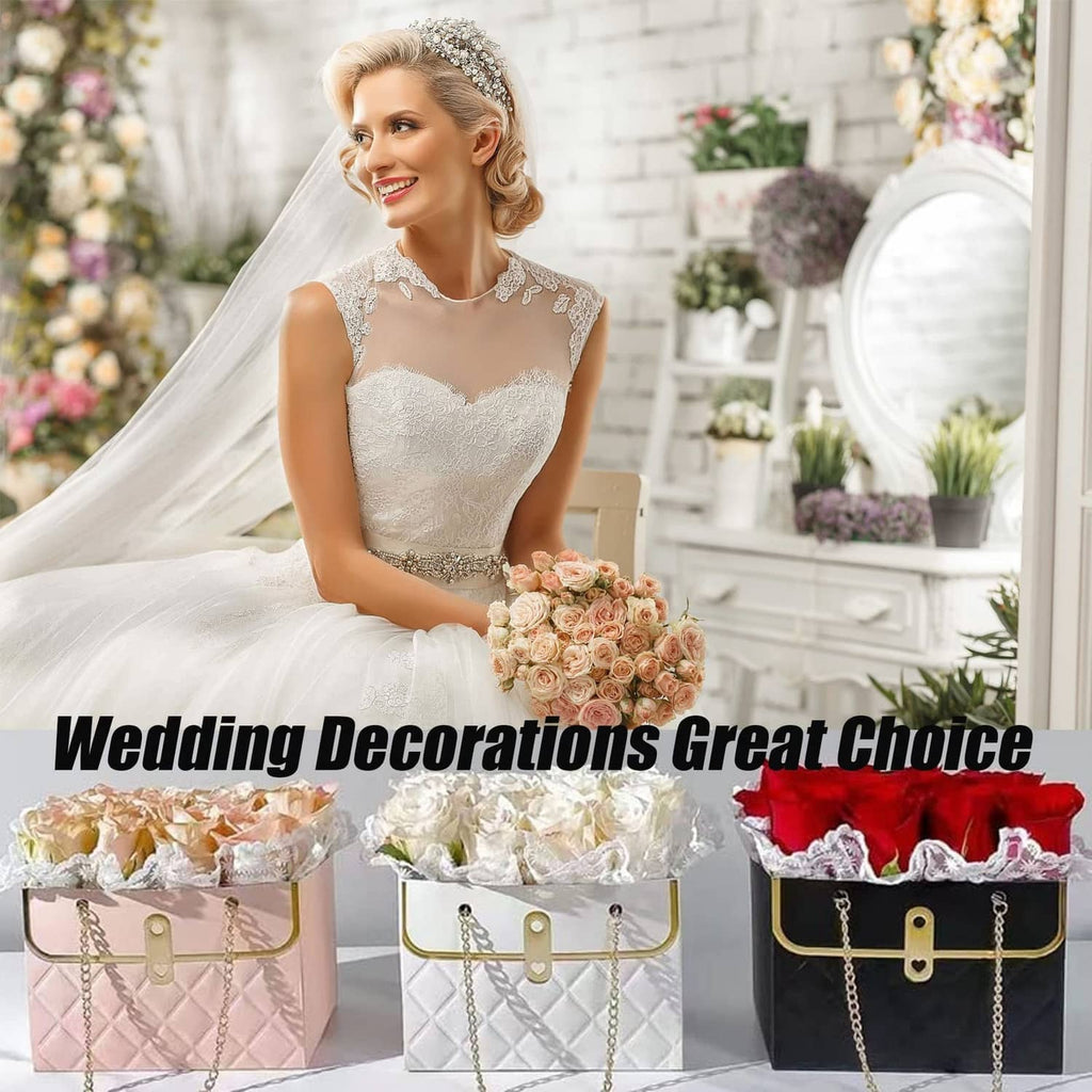 Quilted paper bouquet bags in white, pink, and black with gold chain handles and front clasp