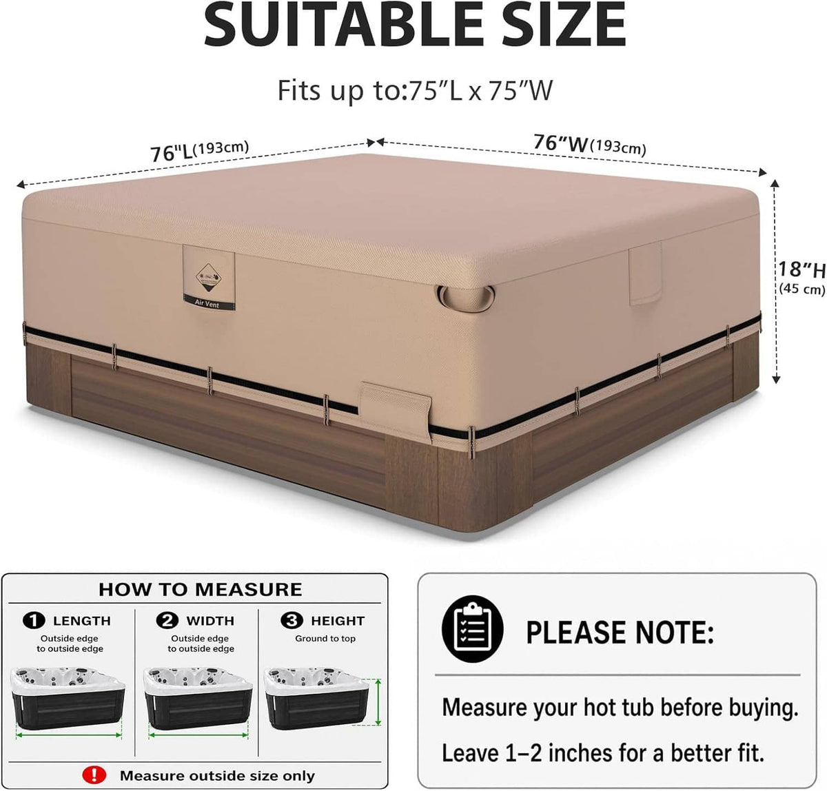 Beige hot tub cover with dark brown base panels and sizing measurements overlay