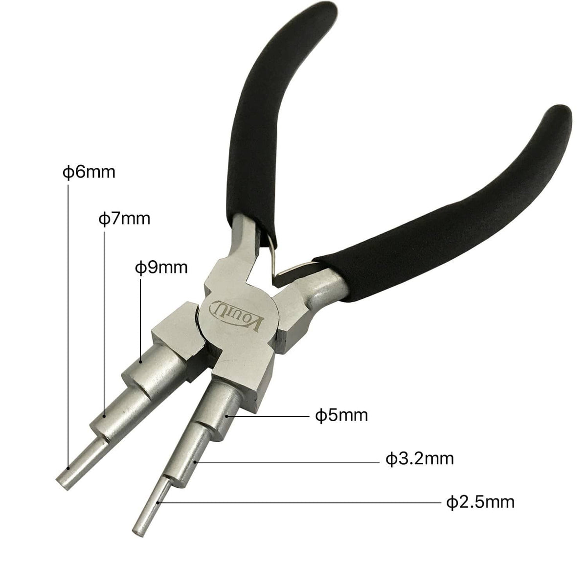 Black bail making pliers with 6-step jaws; labeled hole sizes from 2.5–9mm