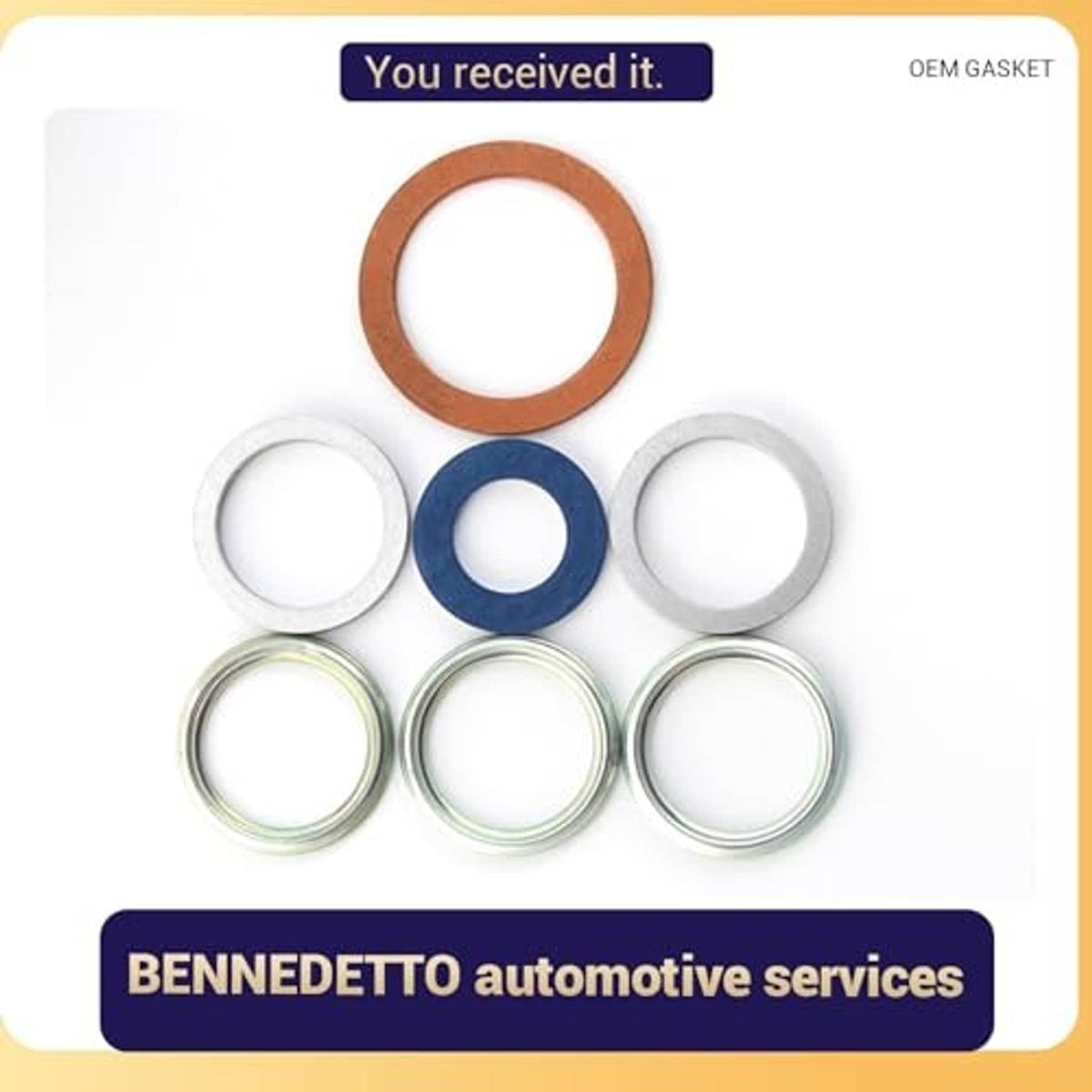 Pack of 7 drain plug gaskets on card: brown, blue, and silver ring seals