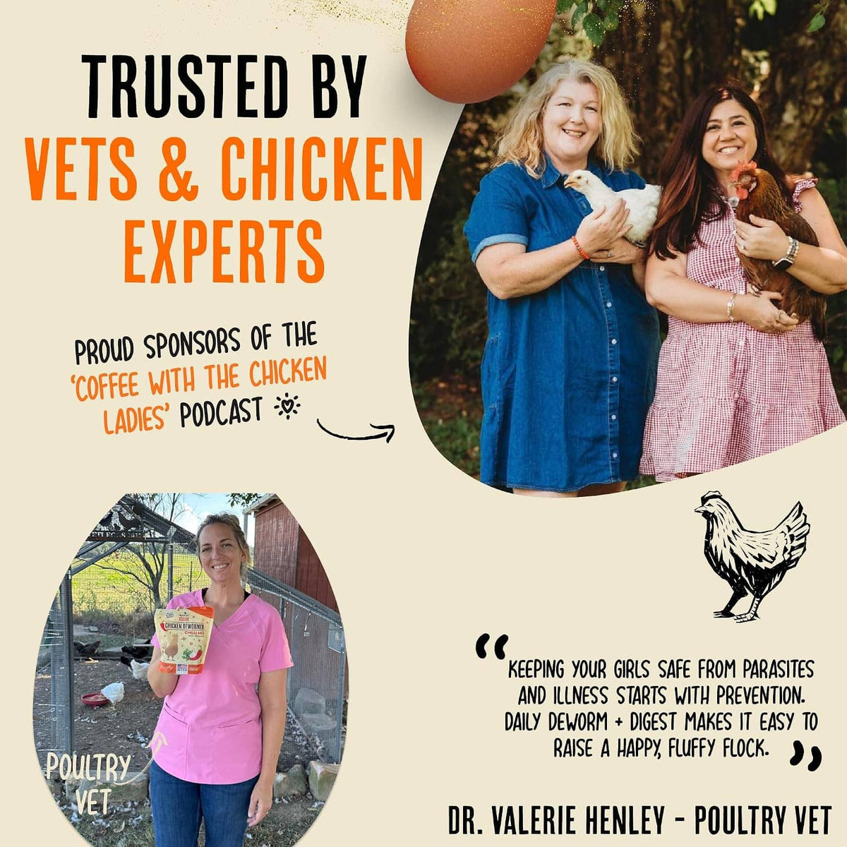 Dewormer chili mix pouch panel with vets and chicken experts endorsement