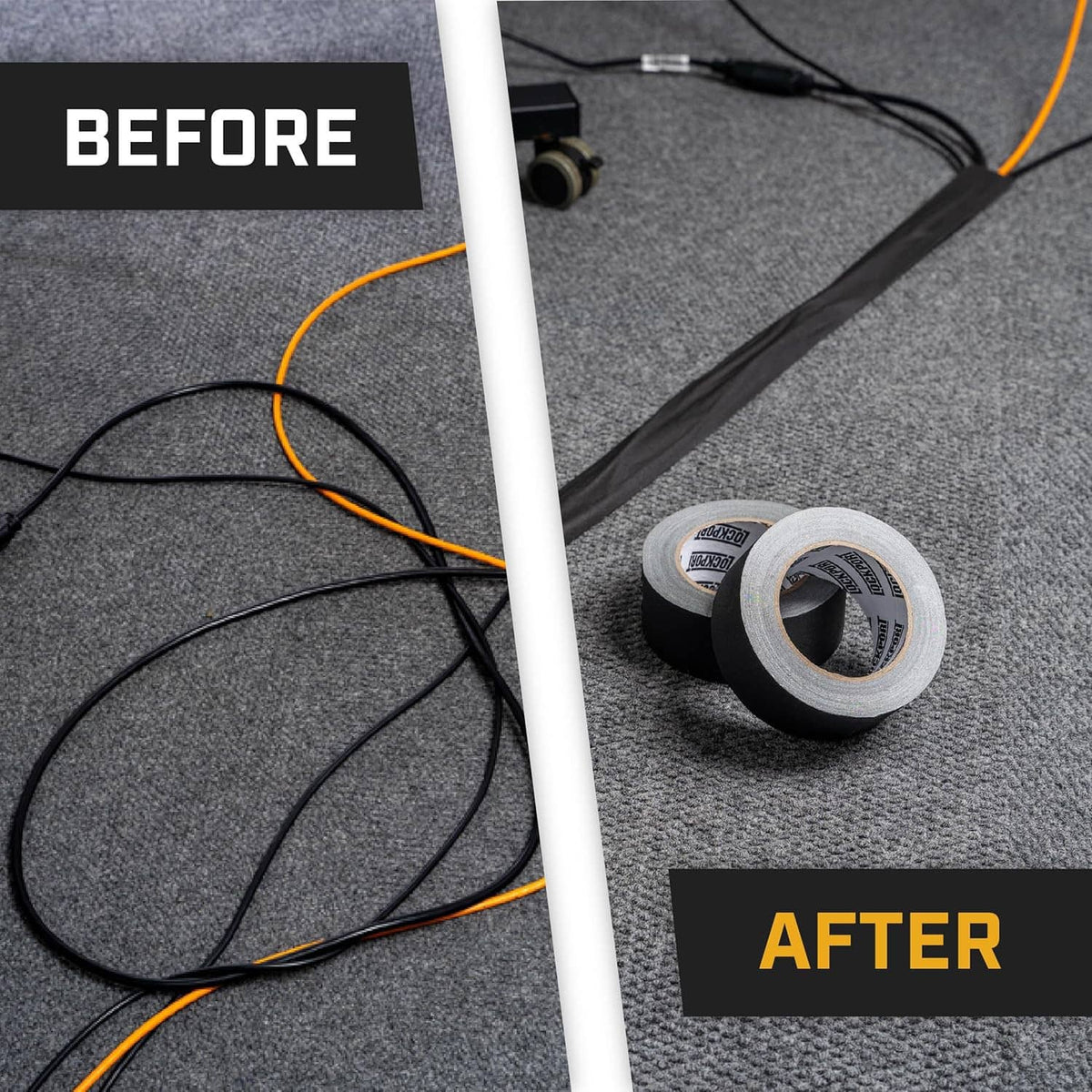 Black gaffer tape rolls on carpet with gray cores visible