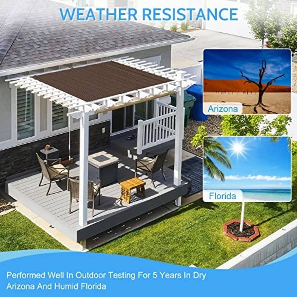 Pergola shade cloth canopy in mocha-brown over outdoor pergola with posts