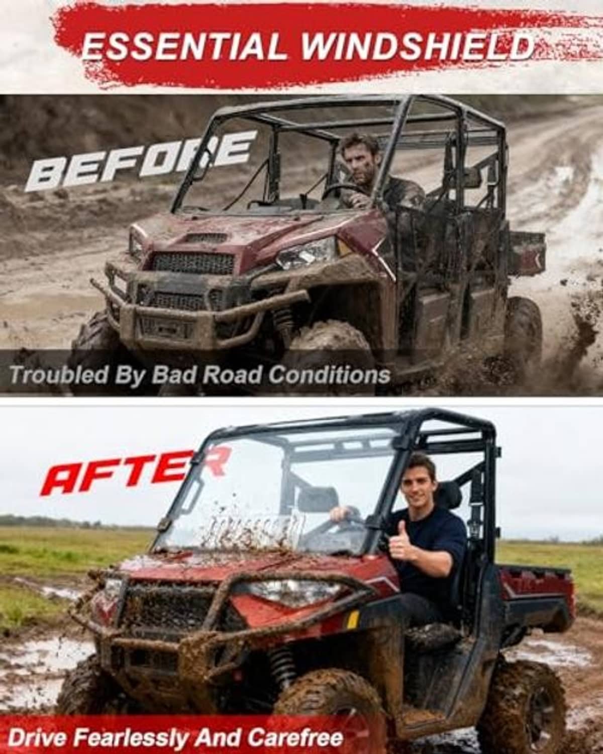 UTV full windshield with black frame covering the front area of the cabin