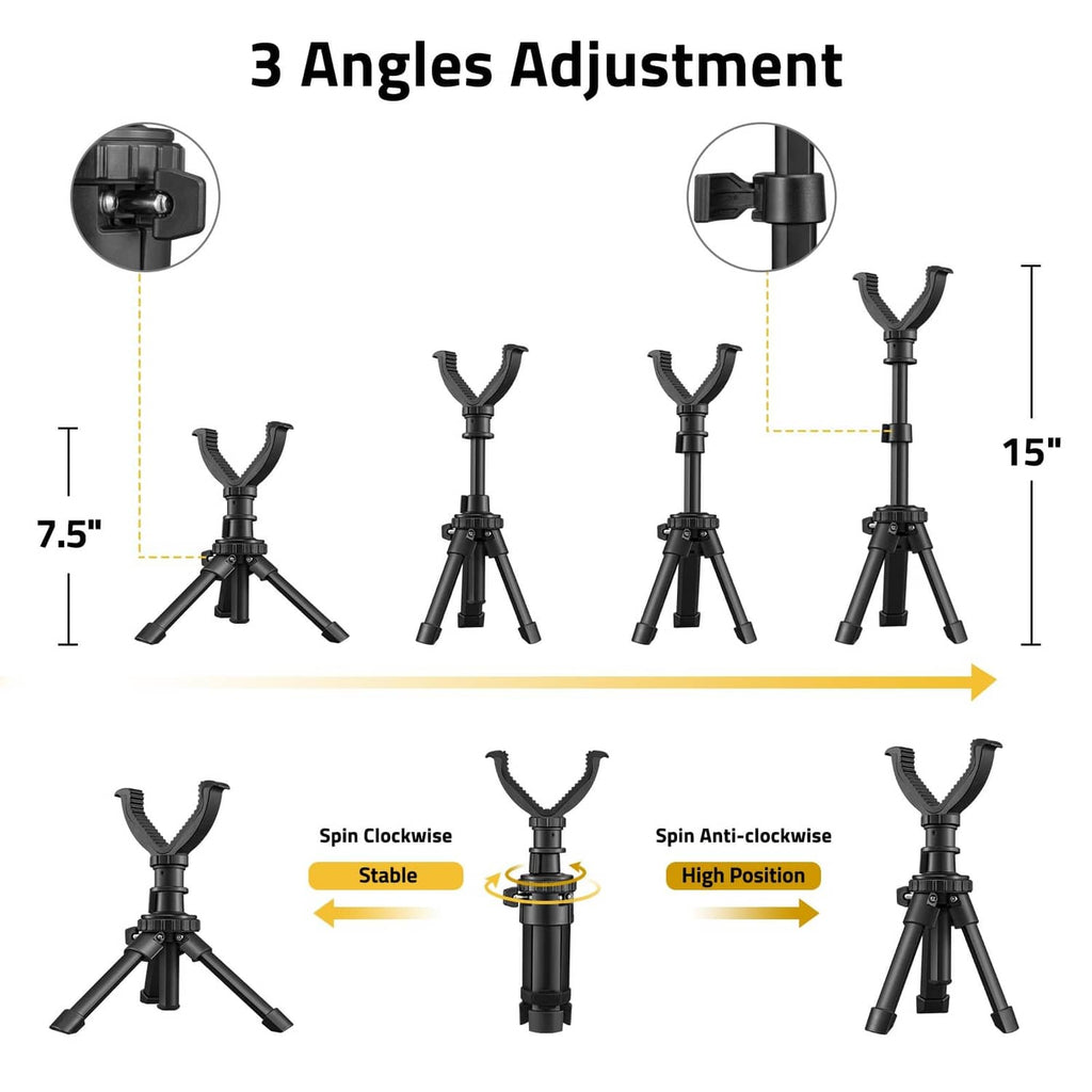 Black shooting tripod showing 3 angles and multiple height positions
