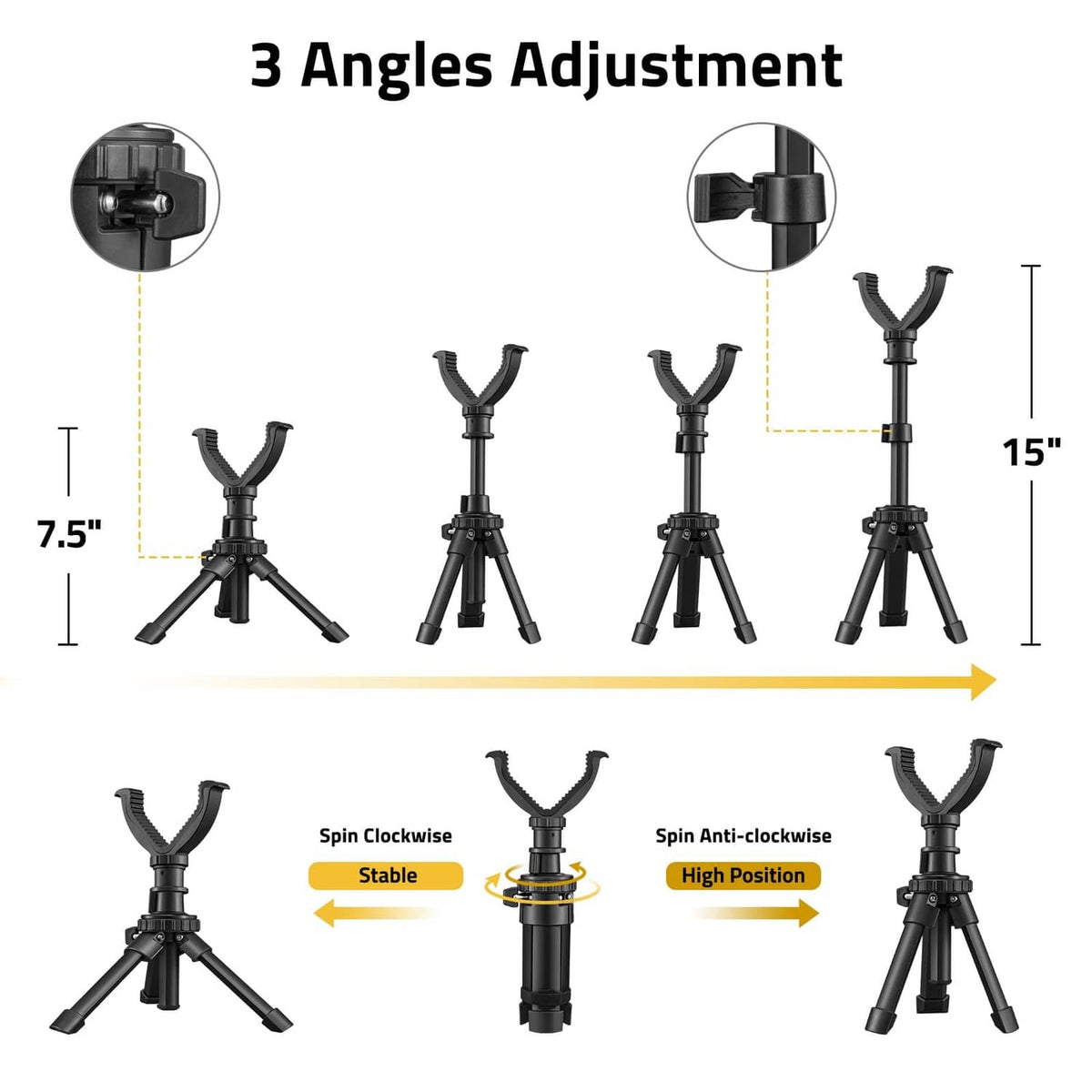 Black shooting tripod showing 3 angles and multiple height positions