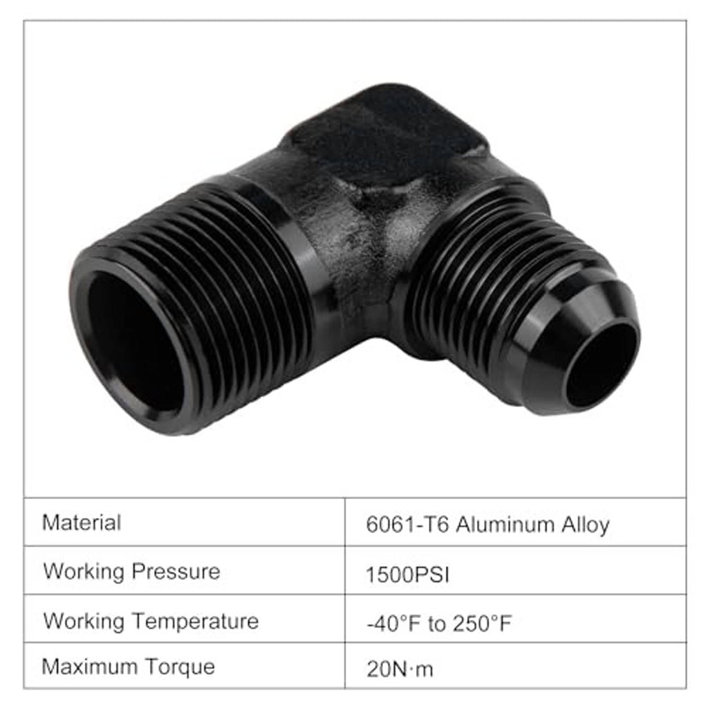 Black 90-degree 6061-T6 aluminum elbow fitting adapter, male threaded ports