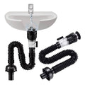 Black bathroom sink drain kit with flexible corrugated hoses and strainer drain body