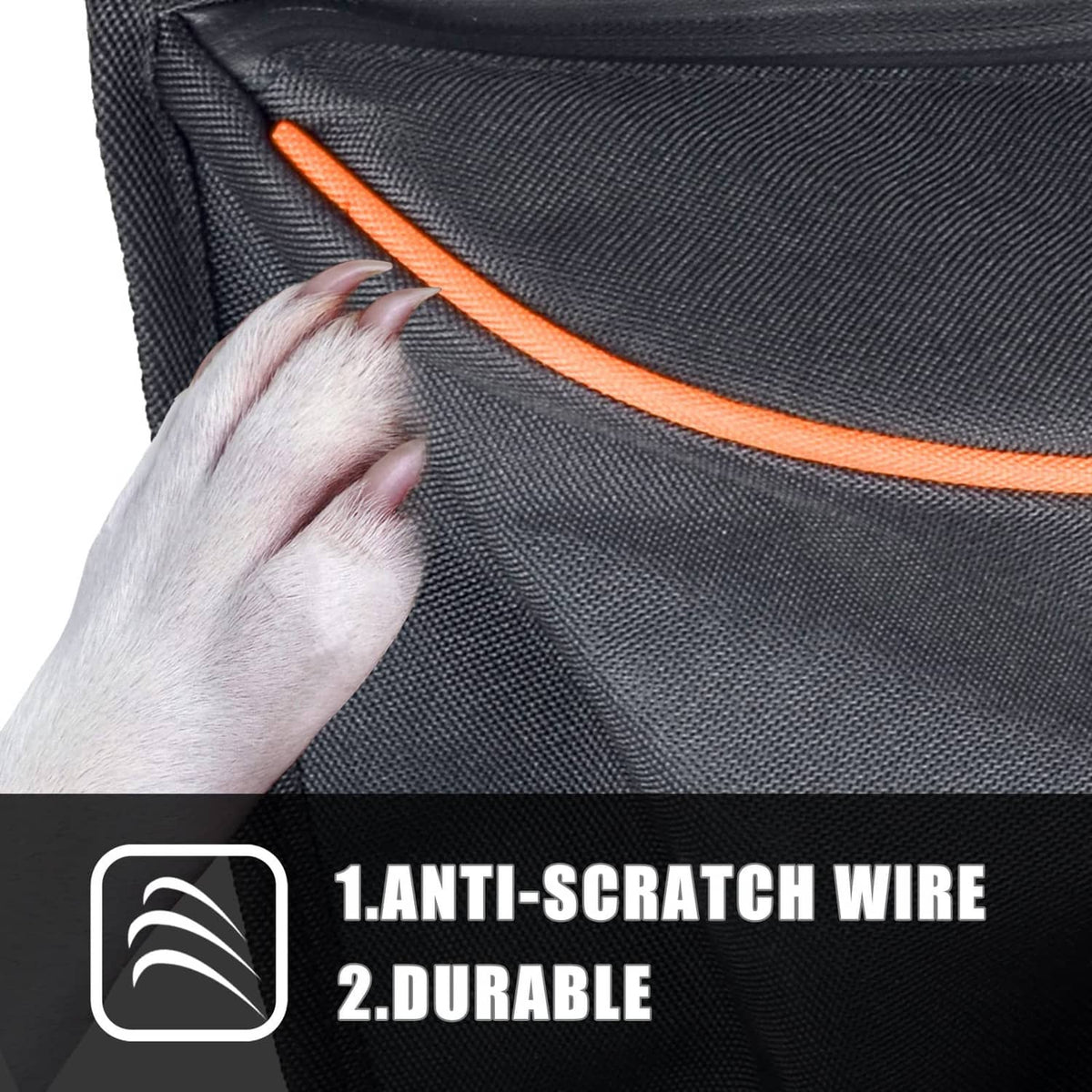 Black woven seat bag fabric with orange piping, close-up texture and seam detail